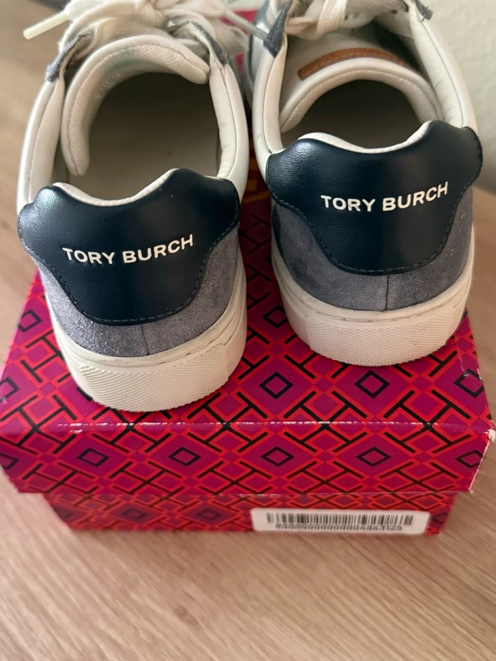 Tory Burch White and Navy Logo Sneakers